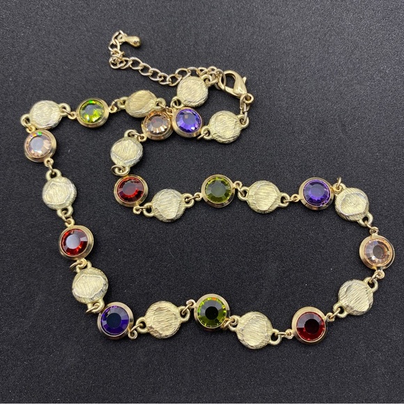 Gold Tone Multi Colored Faceted Glass Bezeled Necklace - Picture 6 of 7
